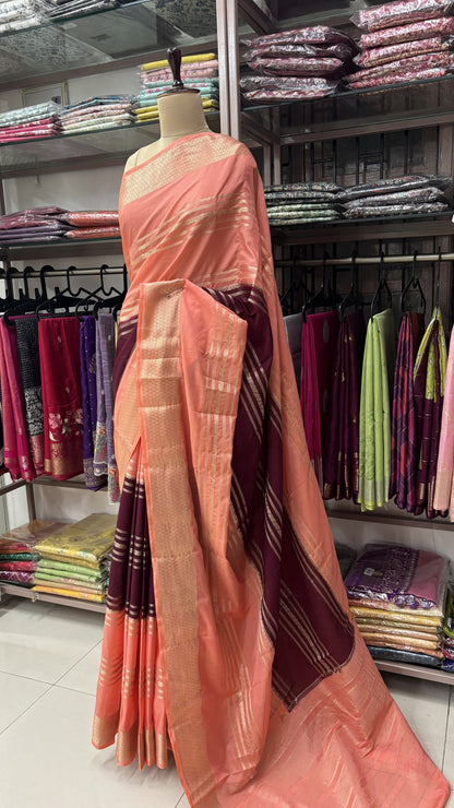 WINE WITH PEACH PINK SEMI MYSORE SILK