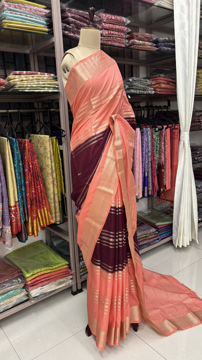 WINE WITH PEACH PINK SEMI MYSORE SILK