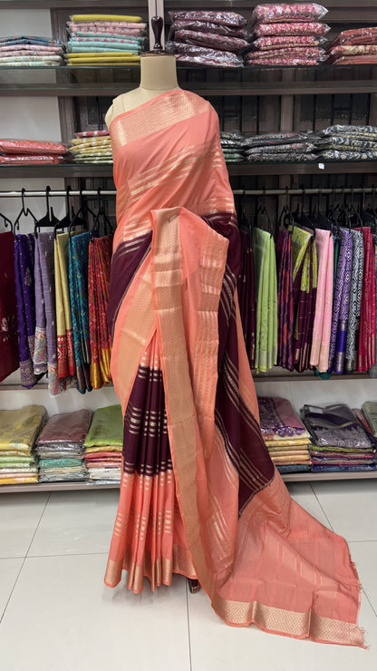 WINE WITH PEACH PINK SEMI MYSORE SILK
