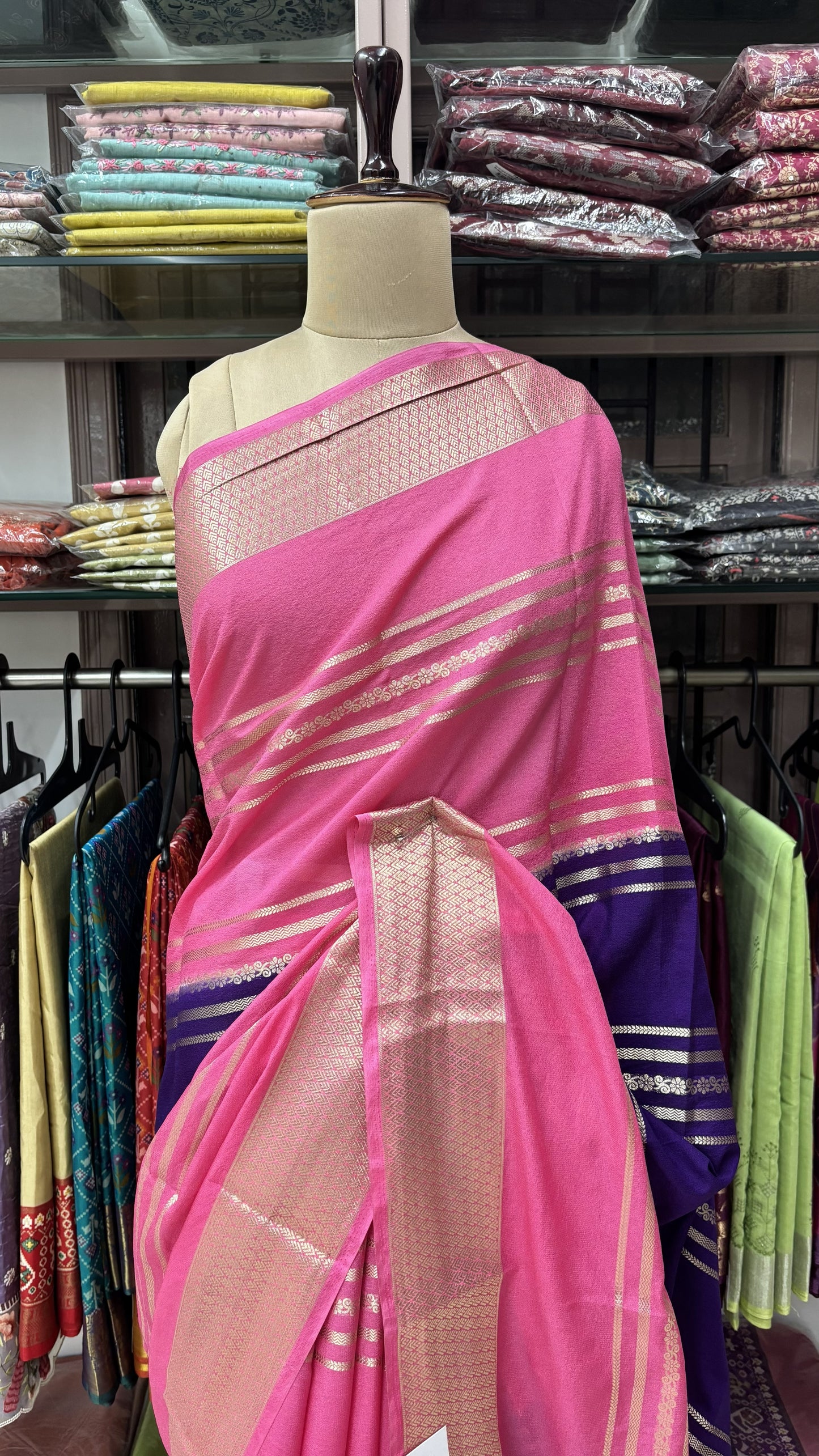 PURPLE WITH PINK SEMI MYSORE SILK