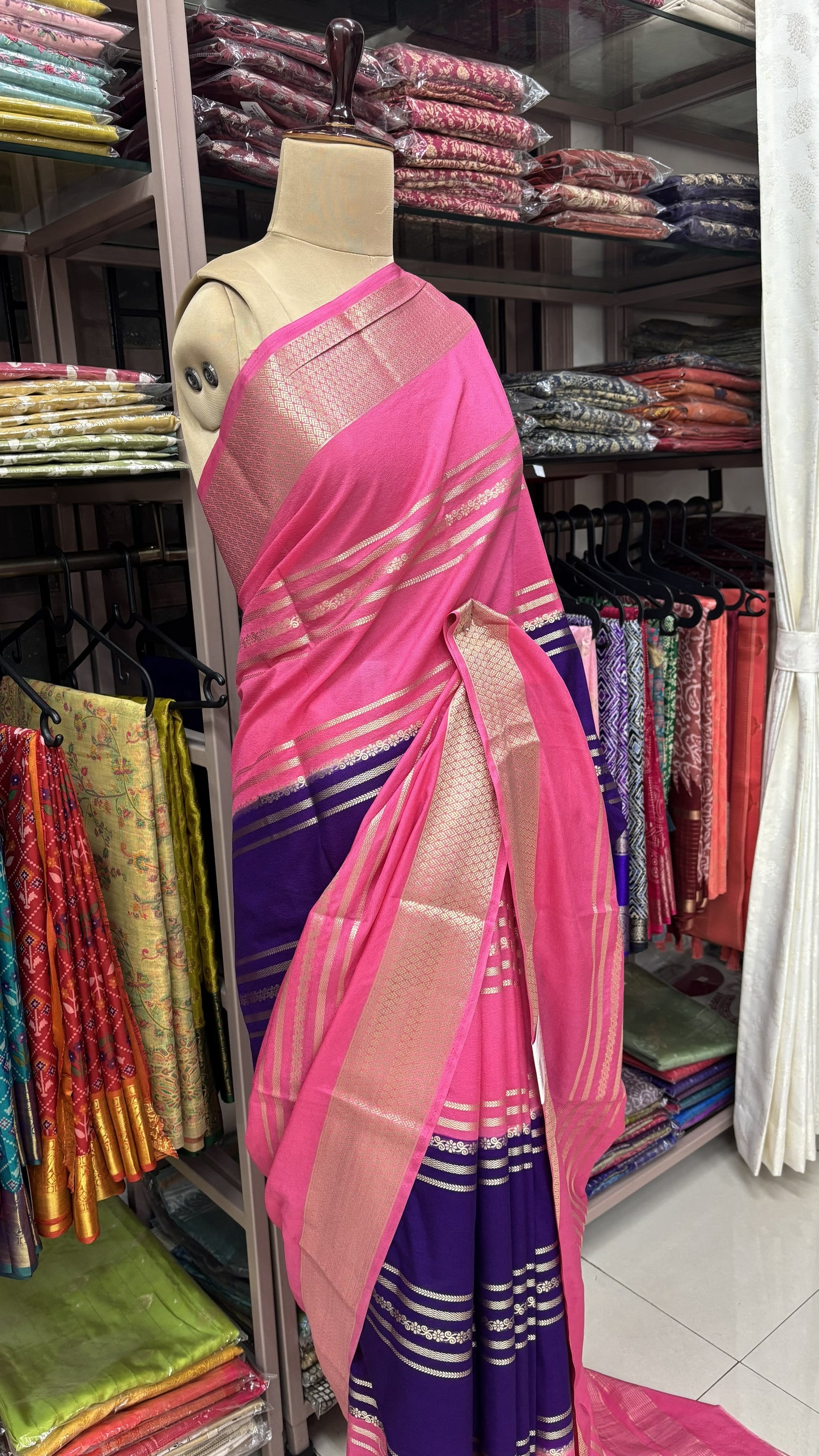 PURPLE WITH PINK SEMI MYSORE SILK