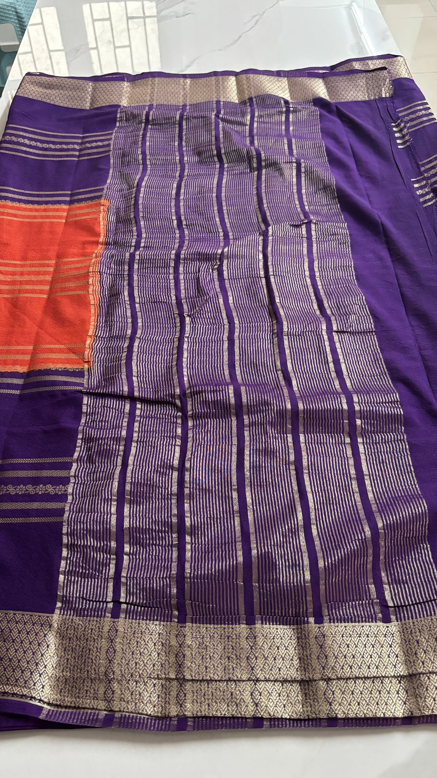 ORANGE WITH PURPLE SEMI MYSORE SILK