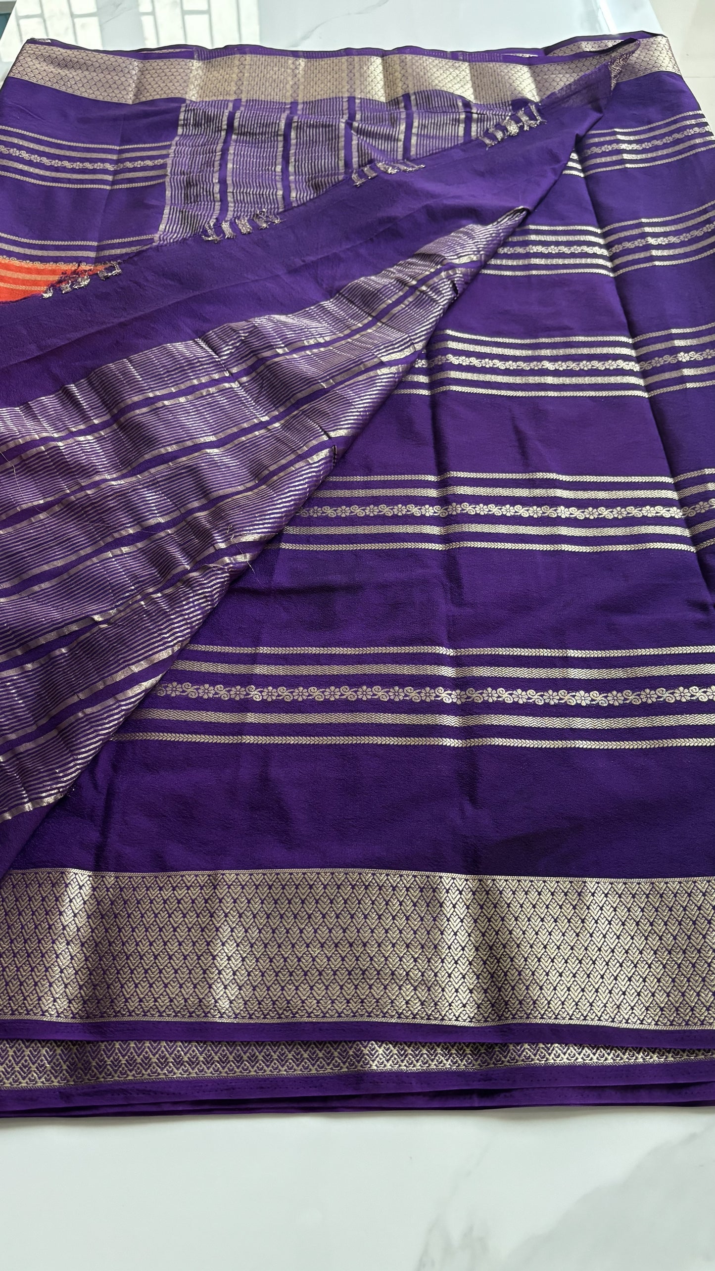 ORANGE WITH PURPLE SEMI MYSORE SILK