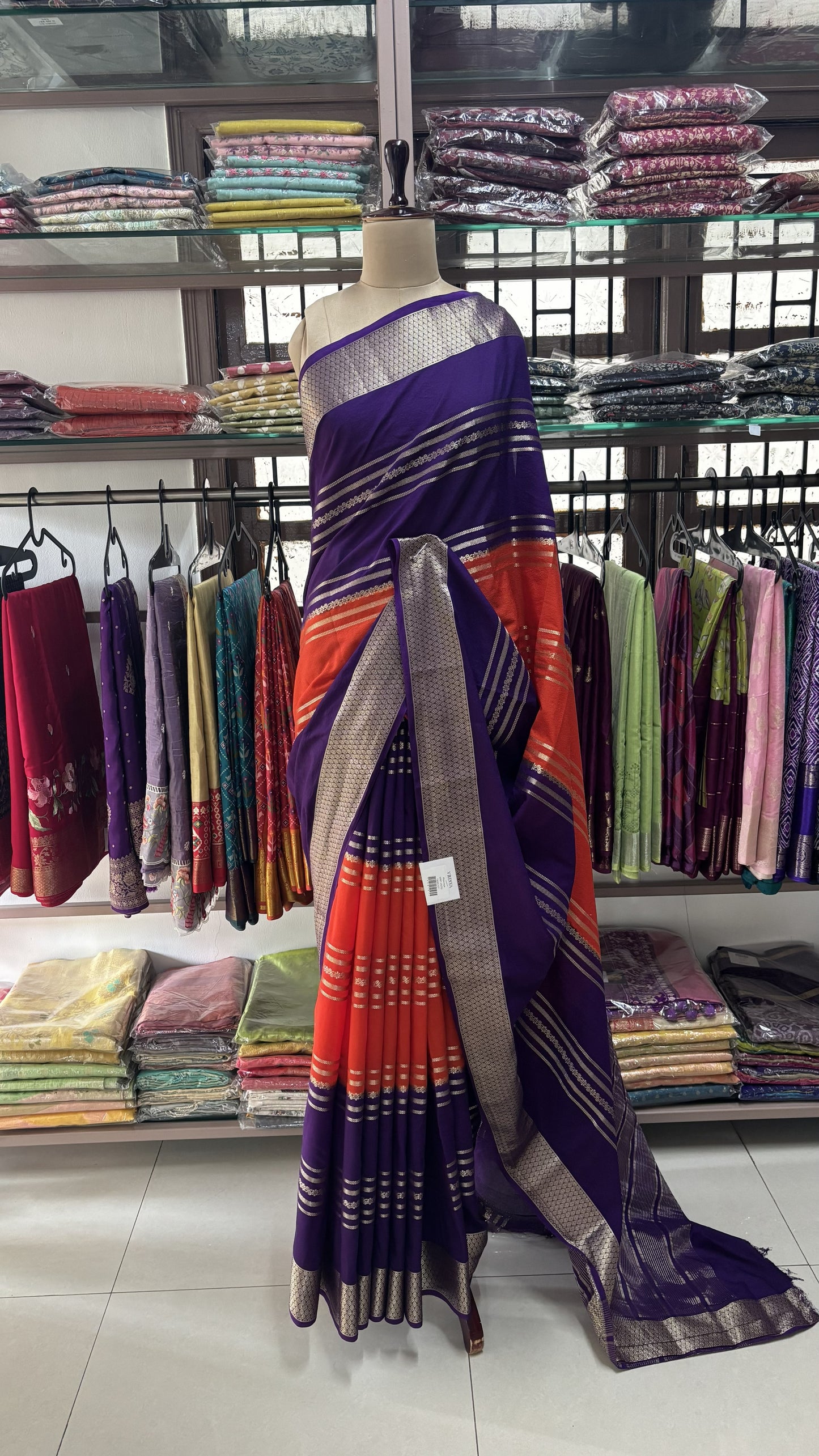 ORANGE WITH PURPLE SEMI MYSORE SILK