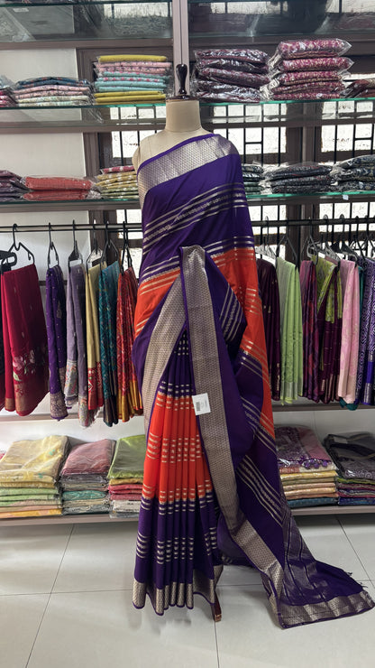 ORANGE WITH PURPLE SEMI MYSORE SILK