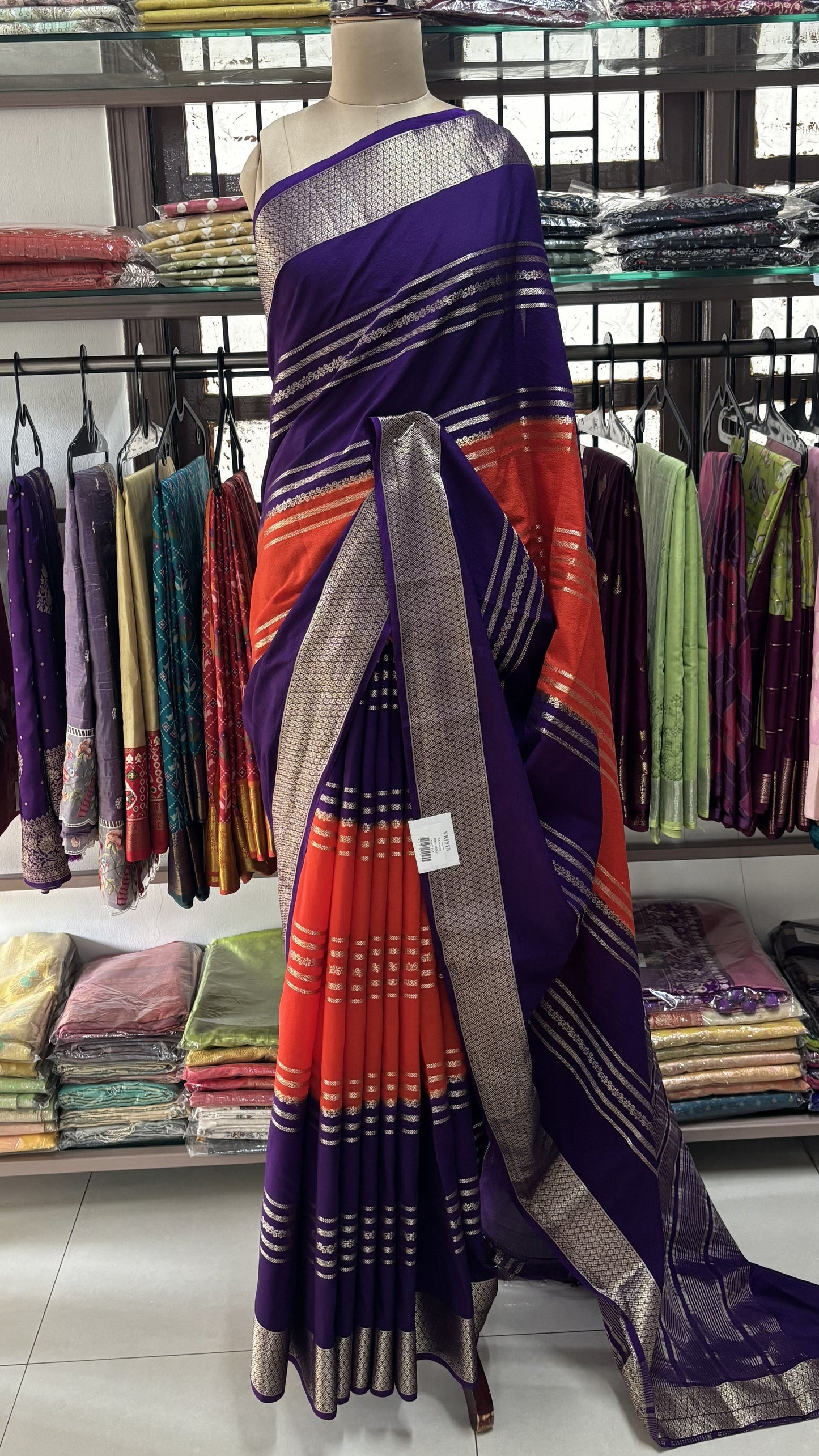 ORANGE WITH PURPLE SEMI MYSORE SILK