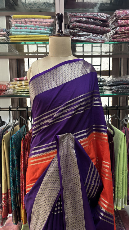 ORANGE WITH PURPLE SEMI MYSORE SILK