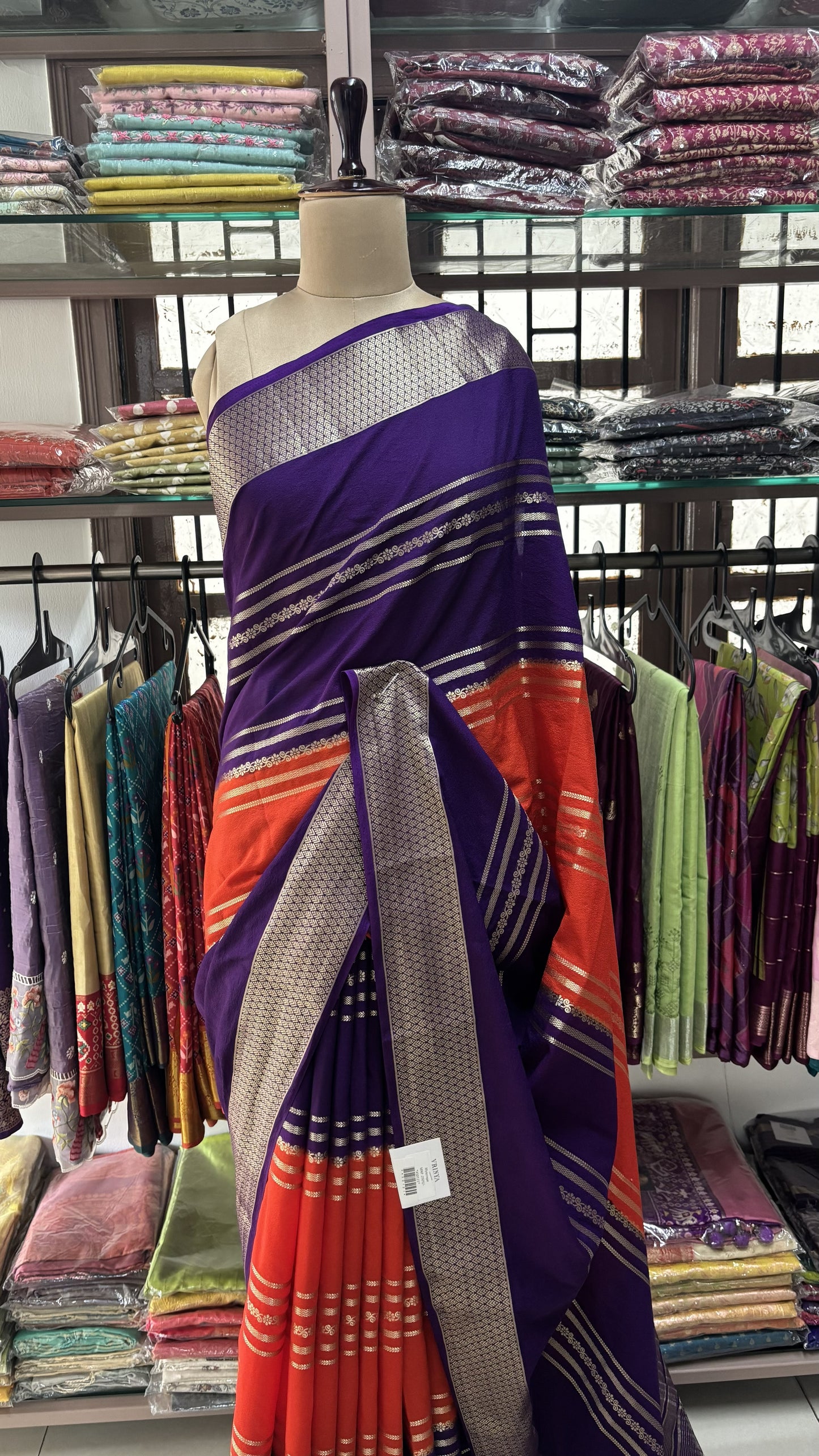 ORANGE WITH PURPLE SEMI MYSORE SILK