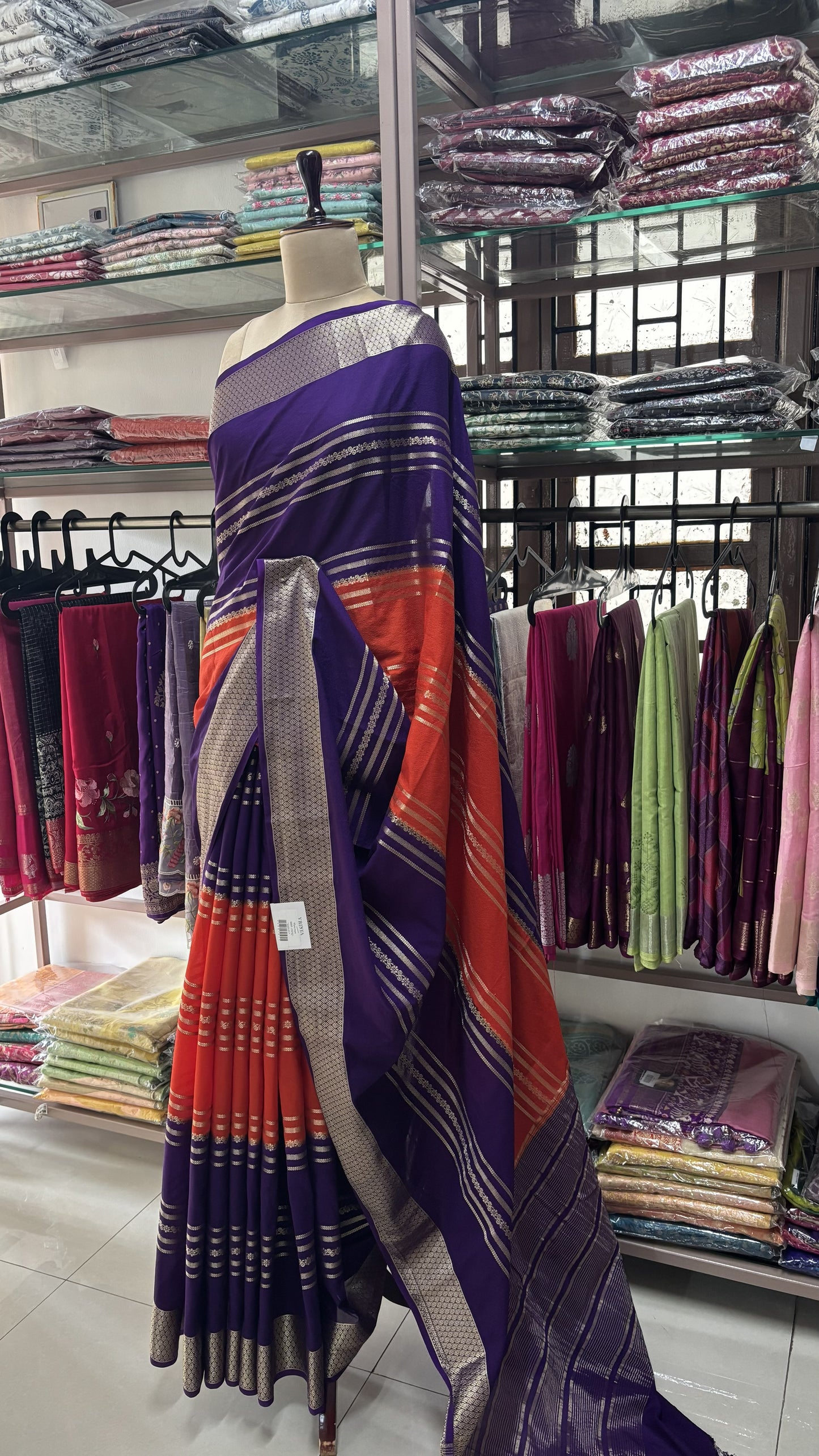 ORANGE WITH PURPLE SEMI MYSORE SILK