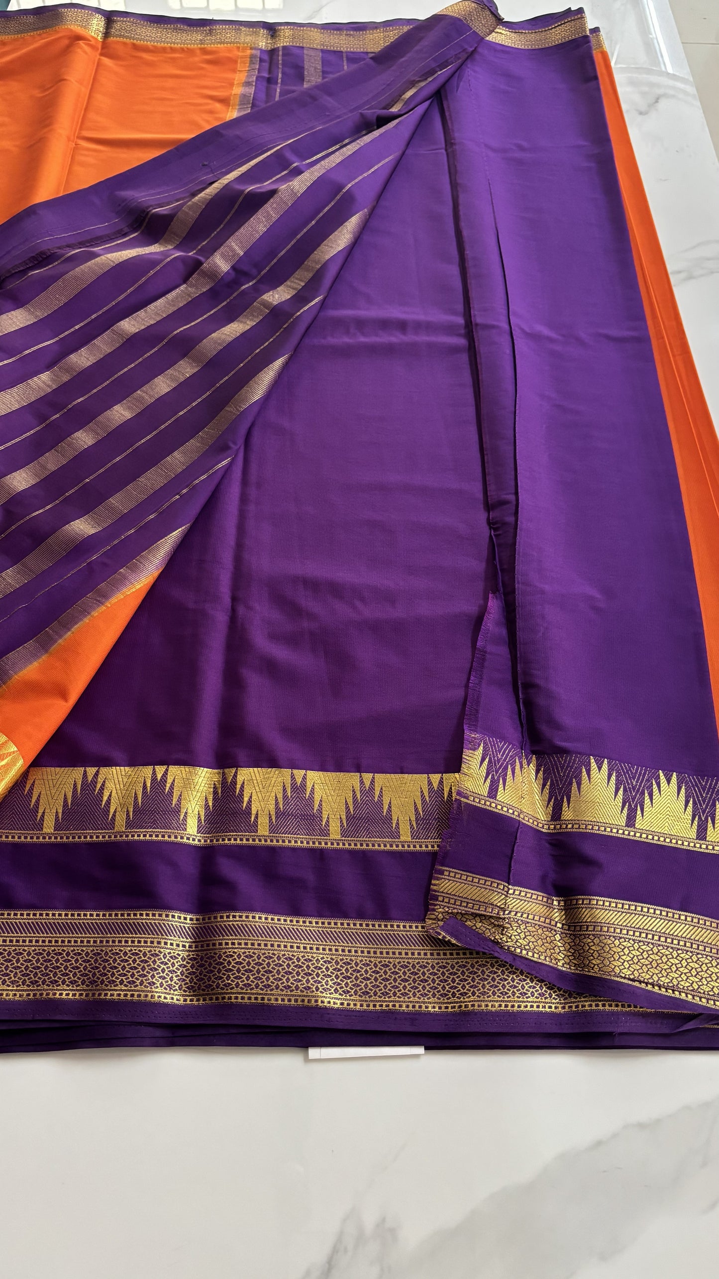 ORANGE WITH PURPLE SEMI MYSORE SILK