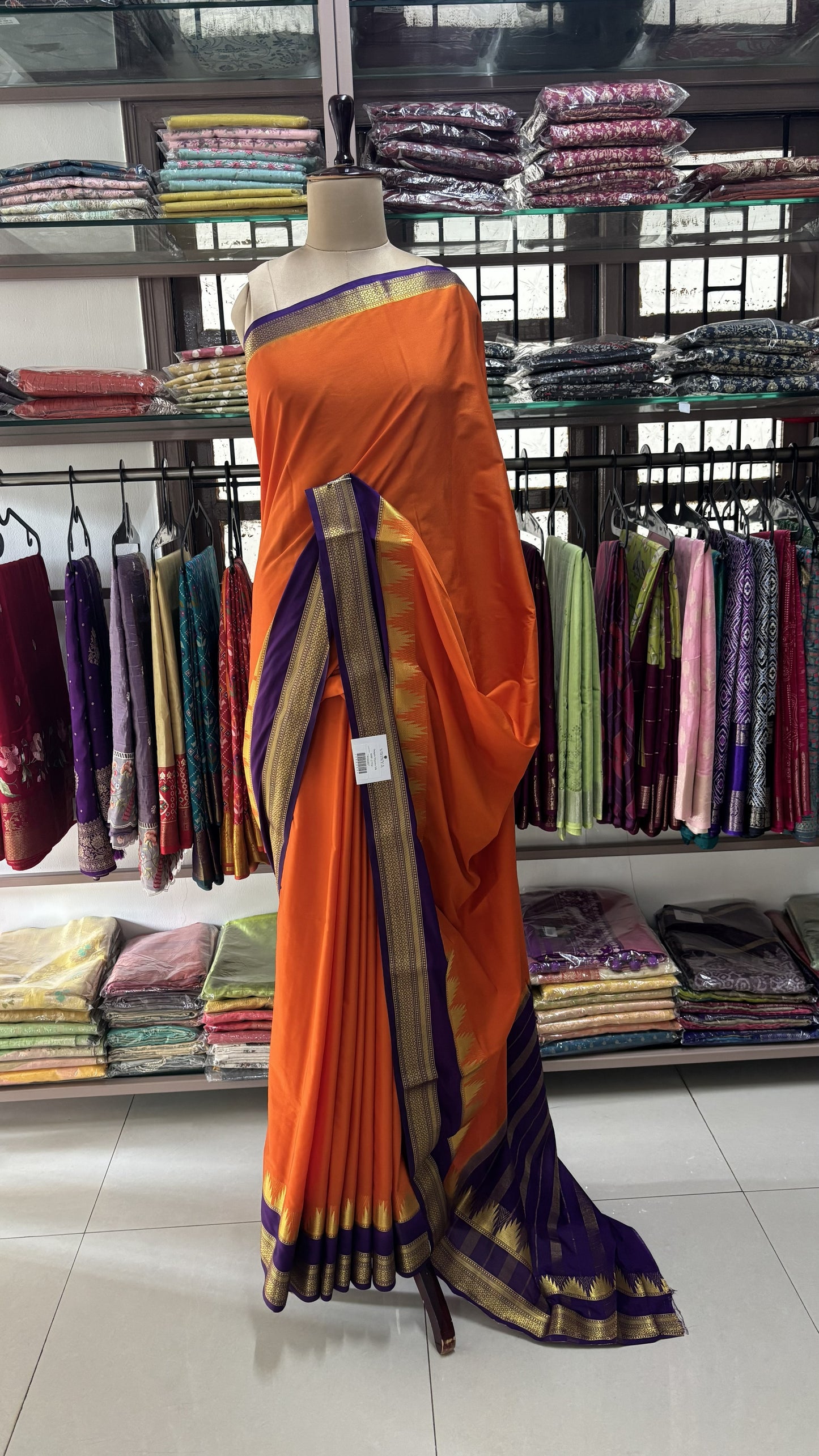 ORANGE WITH PURPLE SEMI MYSORE SILK