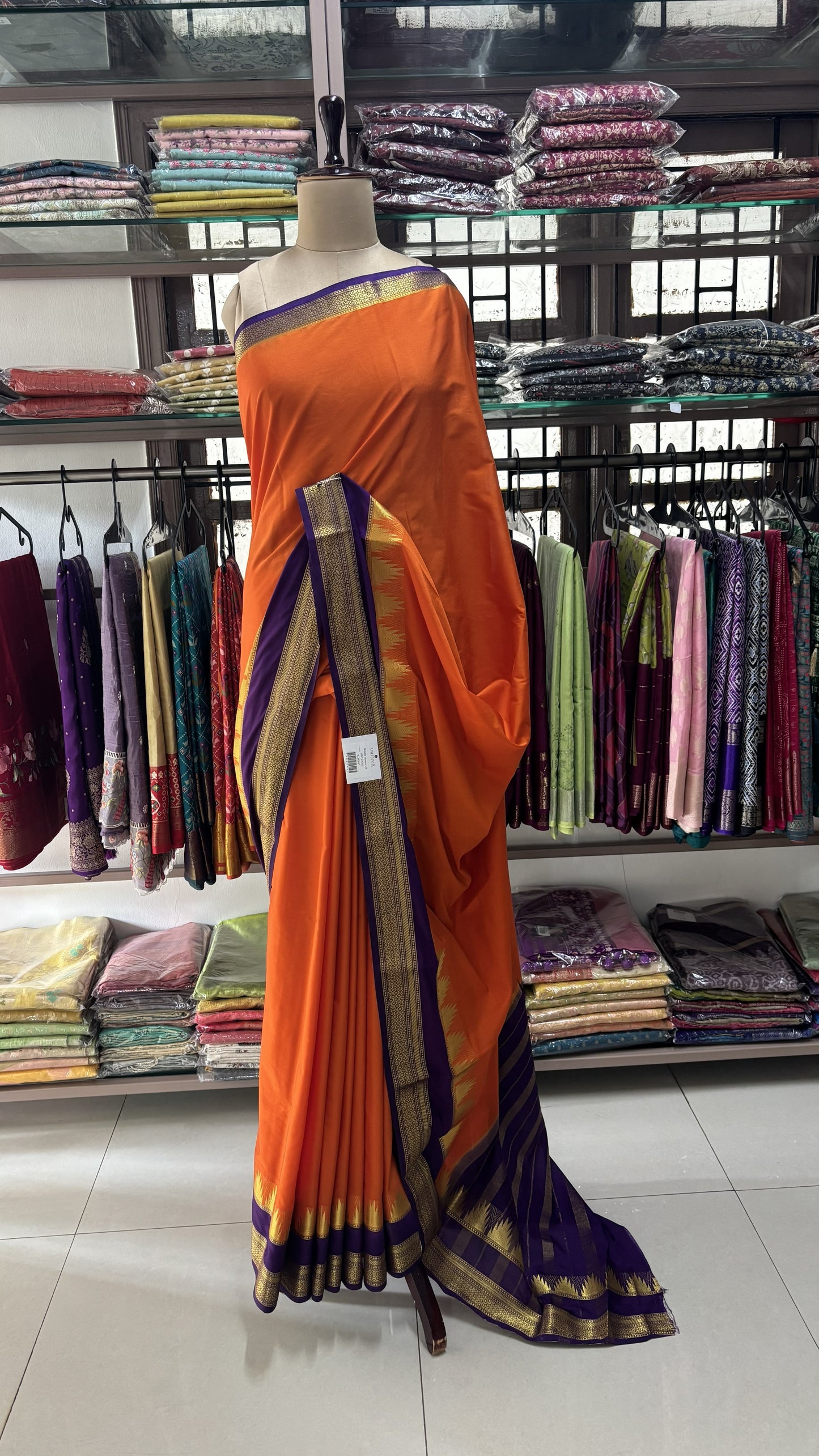 ORANGE WITH PURPLE SEMI MYSORE SILK