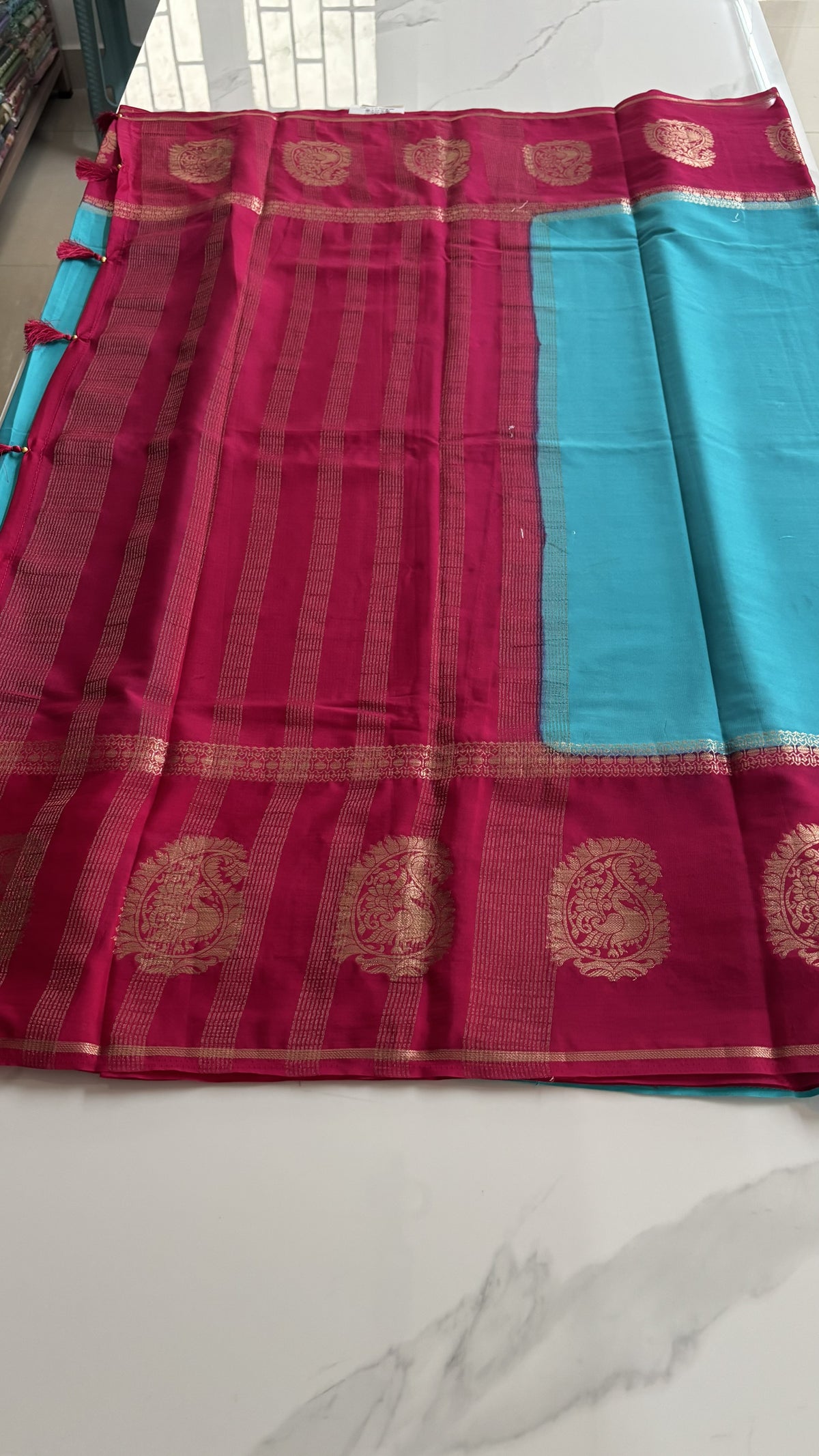 BLUE WITH PINK SEMI MYSORE SILK