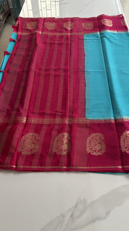 BLUE WITH PINK SEMI MYSORE SILK