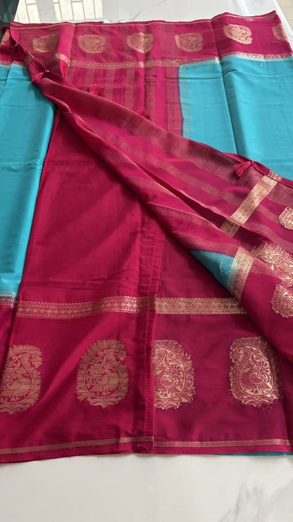 BLUE WITH PINK SEMI MYSORE SILK