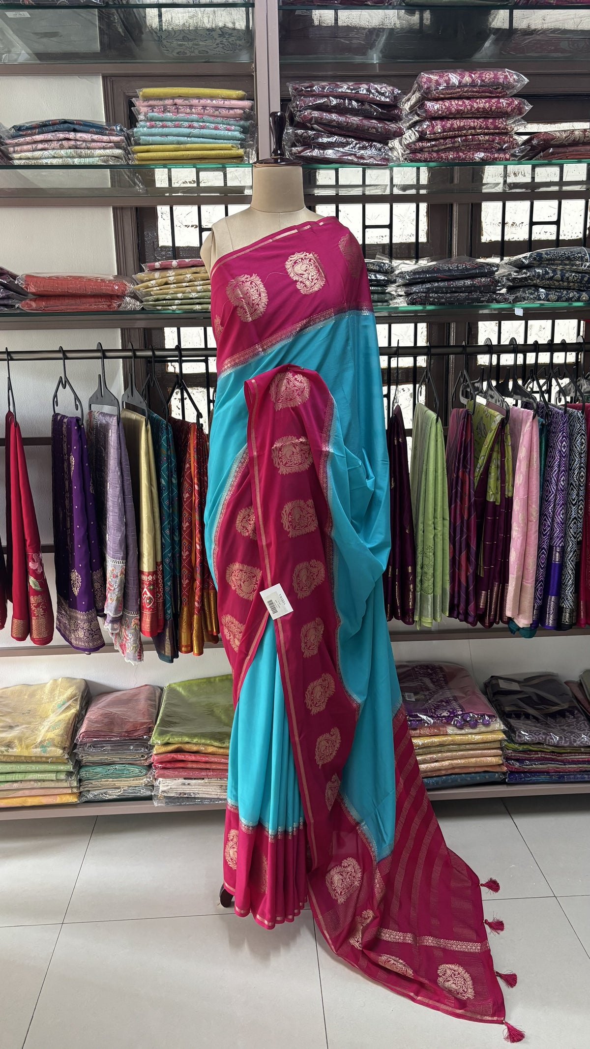 BLUE WITH PINK SEMI MYSORE SILK