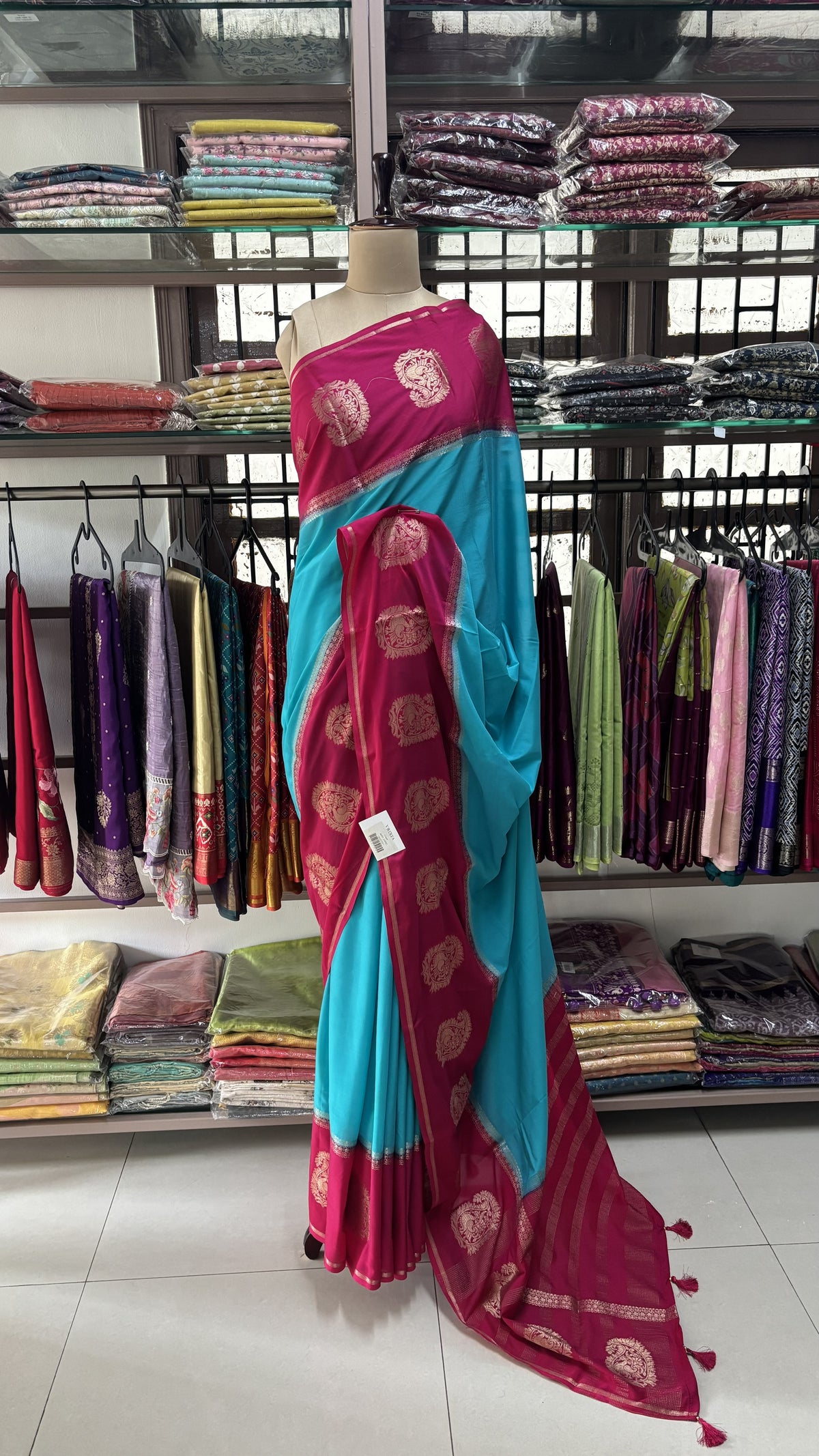 BLUE WITH PINK SEMI MYSORE SILK