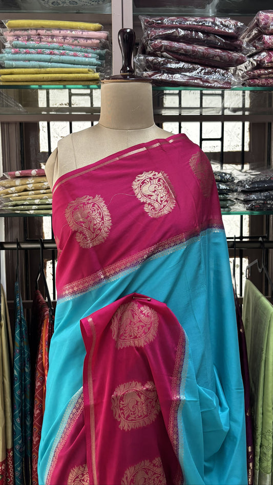 BLUE WITH PINK SEMI MYSORE SILK