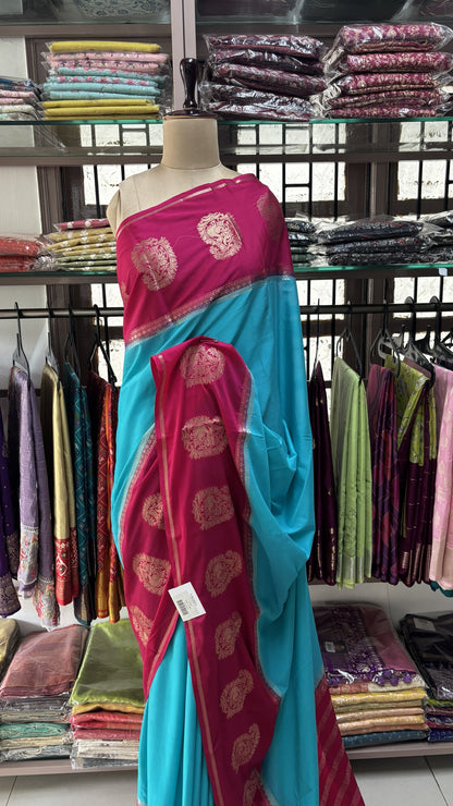 BLUE WITH PINK SEMI MYSORE SILK