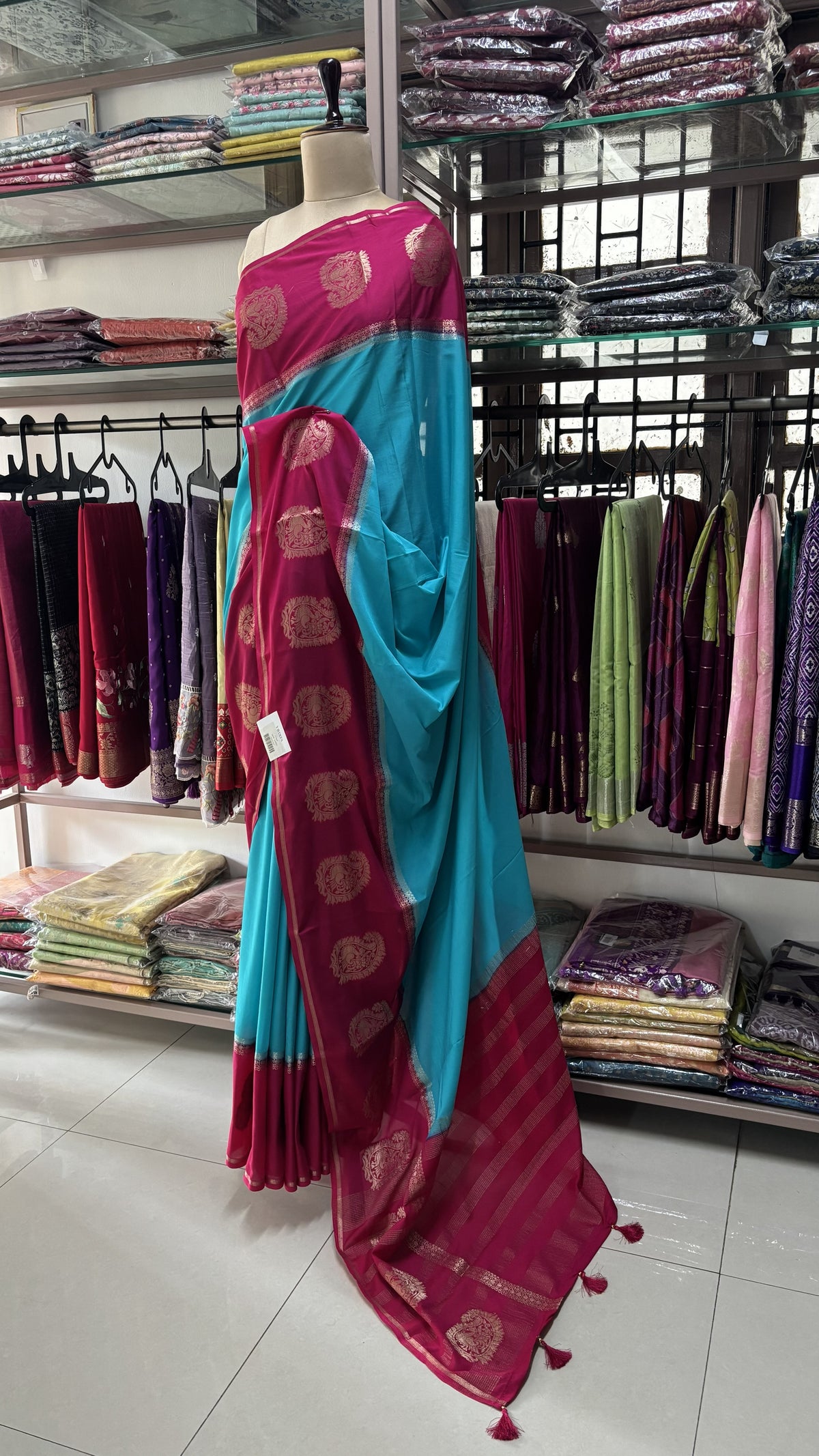 BLUE WITH PINK SEMI MYSORE SILK