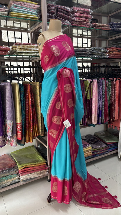 BLUE WITH PINK SEMI MYSORE SILK