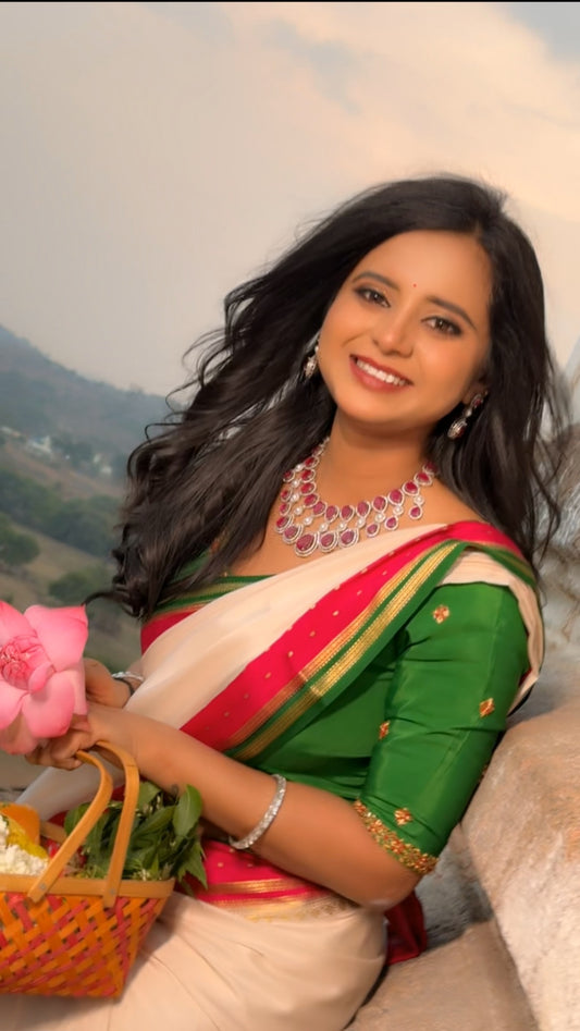 WHITE WITH PINK AND GREEN 3D  - PURE MYSORE CREPE SILK