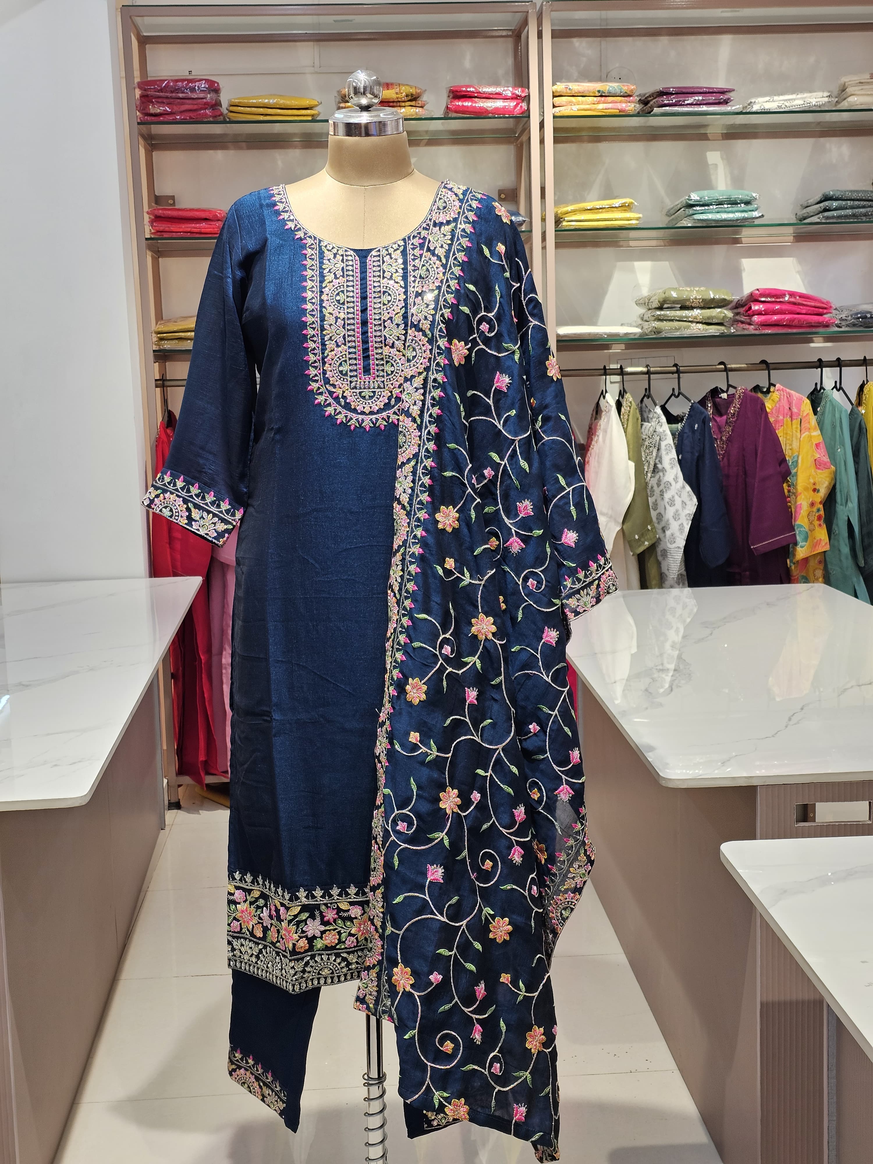 Blue Fancy Festive Suit With Embroidery